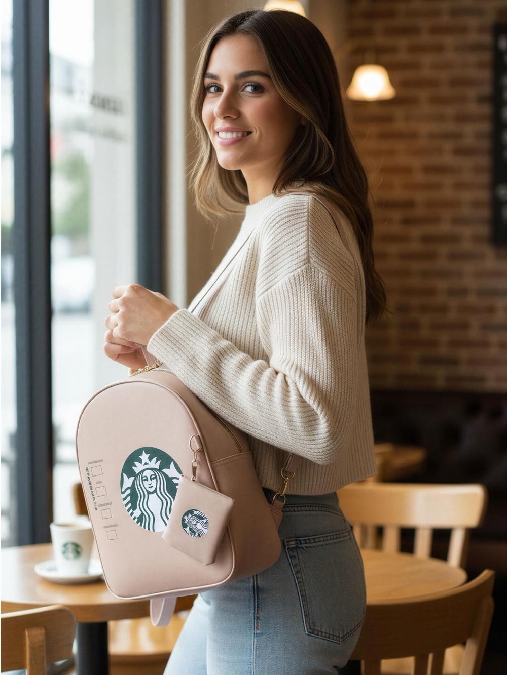 Hand Crafted Beige Starbucks Logo Crossbody Vinyl Bag